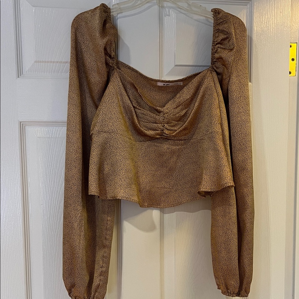 mi ami Gold and Black Satin Ruched Square Neck Long Sleeve Crop Blouse
